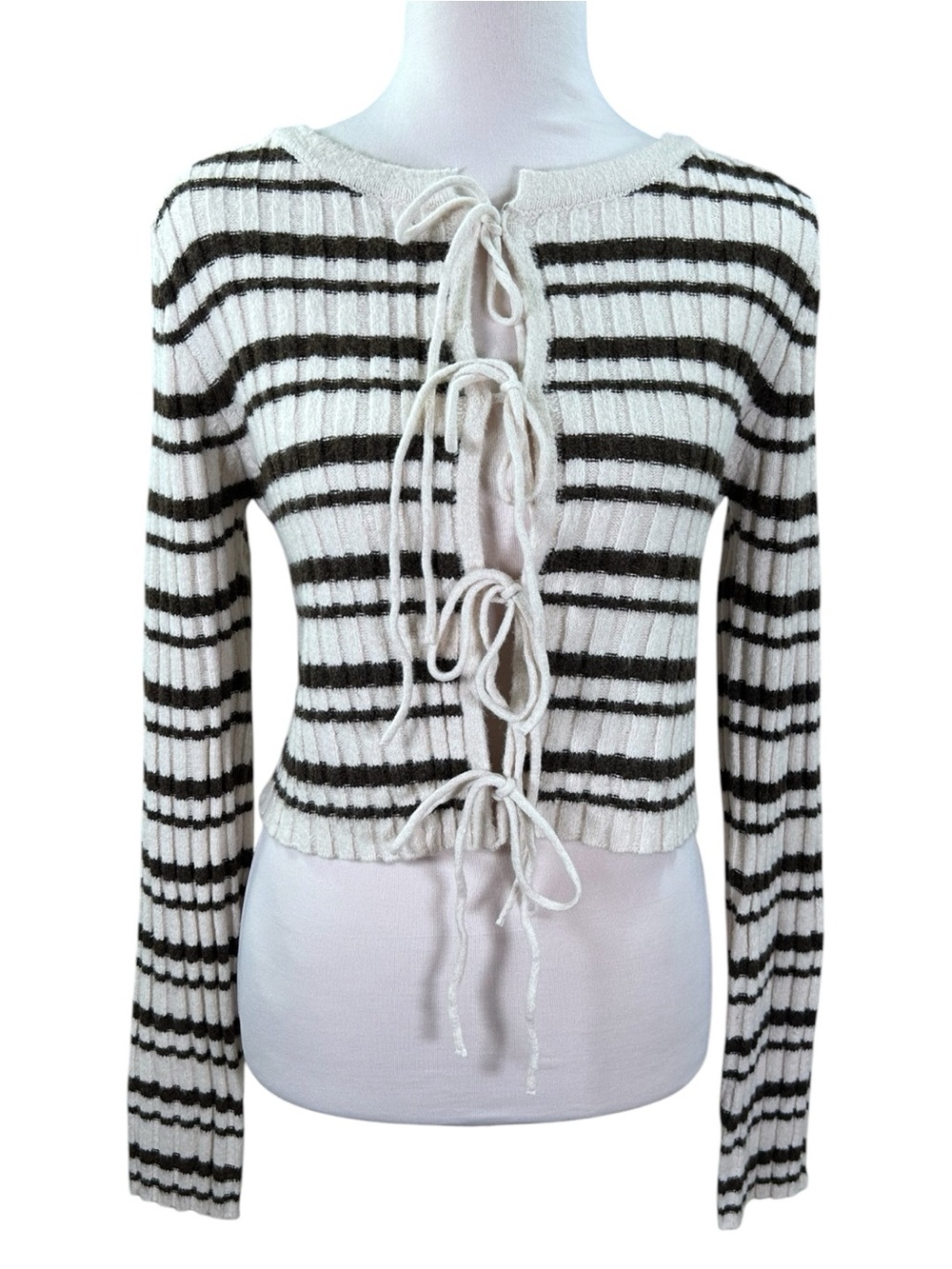 Coquette Bow Front Striped Cropped Cardigan Juniors M Sugar Moon NWT Multi Tie